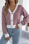 casual stretch stripe knitted v-neck single-breasted all-match sweater_Black_Rose Red