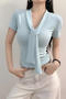 casual slight stretch 4 colors solid color lace-up t-shirts(size run small)_Pink_Yellow_Sky Blue