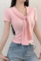 casual slight stretch 4 colors solid color lace-up t-shirts(size run small)_Pink