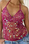 sexy slight stretch halter neck see-through large backless sequins decor vest_Black_Pink_Red_Magenta