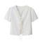 casual non-stretch solid color v-neck lace-up top_White