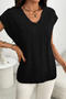 casual slight stretch solid color knitted jacquard short-sleeved sweater_Black