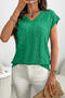 casual slight stretch solid color knitted jacquard short-sleeved sweater_Black_White_Green
