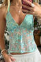 sexy non-stretch see-through mesh sequins flower halter neck backless vest_Green