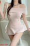 exquisite slight stretch ribbed knit off shoulder top(size run small)_White_Pink
