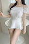 exquisite slight stretch ribbed knit off shoulder top(size run small)_White