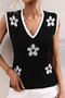 casual slight stretch 4 colors knitted floral pattern vest_Black