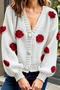 casual slight stretch three-dimensional flower decor knitted cardigan_Black_White