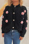 casual new 6 colors slight stretch 3d flower decor knitted cardigan_Black