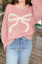 casual slight stretch knitted bow jacquard loose sweater_White_Pink
