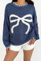 casual slight stretch knitted bow jacquard loose sweater_White_Pink_Dark Blue