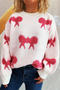 casual slight stretch 4 colors jacquard bow loose knitted sweater_Red_Watermelon Red
