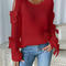 casual slight stretch ribbed knit 3 colors bow decor crew neck sweaters_Black_Red