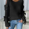 casual slight stretch ribbed knit 3 colors bow decor crew neck sweaters_Black