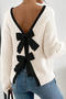 casual slight stretch 4 colors ribbed knit bow decor sweaters_Black_White