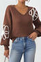 casual slight stretch ribbed knit flower embroidery v-neck sweaters_Black_Brown