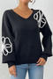 casual slight stretch ribbed knit flower embroidery v-neck sweaters_Black