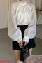 casual non-stretch crew neck solid color shirring blouses_Beige