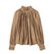 casual non-stretch crew neck solid color shirring blouses_Beige_Brown