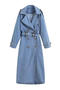 casual non-stretch denim suit collar with belt long jacket_Black_Sky Blue