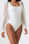 sexy slight stretch see through mesh stitching square collar bodysuit_Black_White