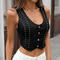 stylish non-stretch solid color slim rivet decor crop denim vest_Black