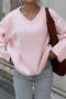casual slight stretch knitted 4 colors v-neck long sleeve loose sweater_White_Pink