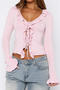 stylish slight stretch knitted 4 colors v-neck ruffle lace-up all-match sweater_Black_White_Pink