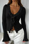 stylish slight stretch knitted 4 colors v-neck ruffle lace-up all-match sweater_Black