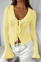 stylish slight stretch knitted 4 colors v-neck ruffle lace-up all-match sweater_Black_White_Pink_Yellow