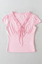 sexy slight stretch 3 colors v-neck laces solid color top(size run small)_White_Pink