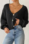 casual slight stretch knitted 3 colors v-neck loose all-match sweater_Black