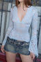 sexy slight stretch lace 3 colors v-neck see-through top_Black_White_Sky Blue