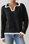 casual slight stretch color-block knitted turndown collar all-match sweater_Black