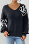 casual slight stretch jacquard knitted v-neck lantern sleeve all-match sweater_Black