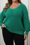 casual plus size slight stretch solid colour v-neck loose sweater_Black_Green