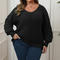 casual plus size slight stretch solid colour v-neck loose sweater_Black