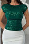 exquisite slight stretch 4 colors sequin decor crew neck top_Black_Rose Red_Green
