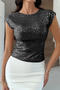 exquisite slight stretch 4 colors sequin decor crew neck top_Black
