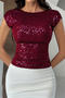 exquisite slight stretch 4 colors sequin decor crew neck top_Black_Rose Red