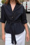 casual non-stretch lapel solid color drawstring blouses_Dark Blue