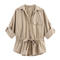 casual non-stretch lapel solid color drawstring blouses_Dark Blue_Beige