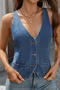 stylish non-stretch solid color slim fit v-neck single-breasted denim vest_Black_Blue