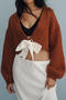 stylish slight stretch v-neck bow lace-up knitted crop cardigan_Beige_Reddish Brown