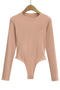 casual slight stretch solid color crew neck bodysuit(size run small)_Black_White_Gray_Dark Gray_Pink