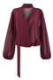 casual non-stretch 3 colors with scarf v-neck blouses(size run small)_Pink_Rose Red