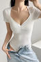 casual slight stretch square neck solid color shirring bodysuit(size run small)_Black_White
