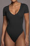 casual slight stretch 4 colors solid color crew neck bodysuit_Black