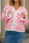 stylish slight stretch leopard jacquard knitted lace-up all-match sweater_Gray_Pink