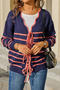 casual slight stretch stripe knitted 4 colors v-neck lace-up sweater_Black_White_Green_Dark Blue